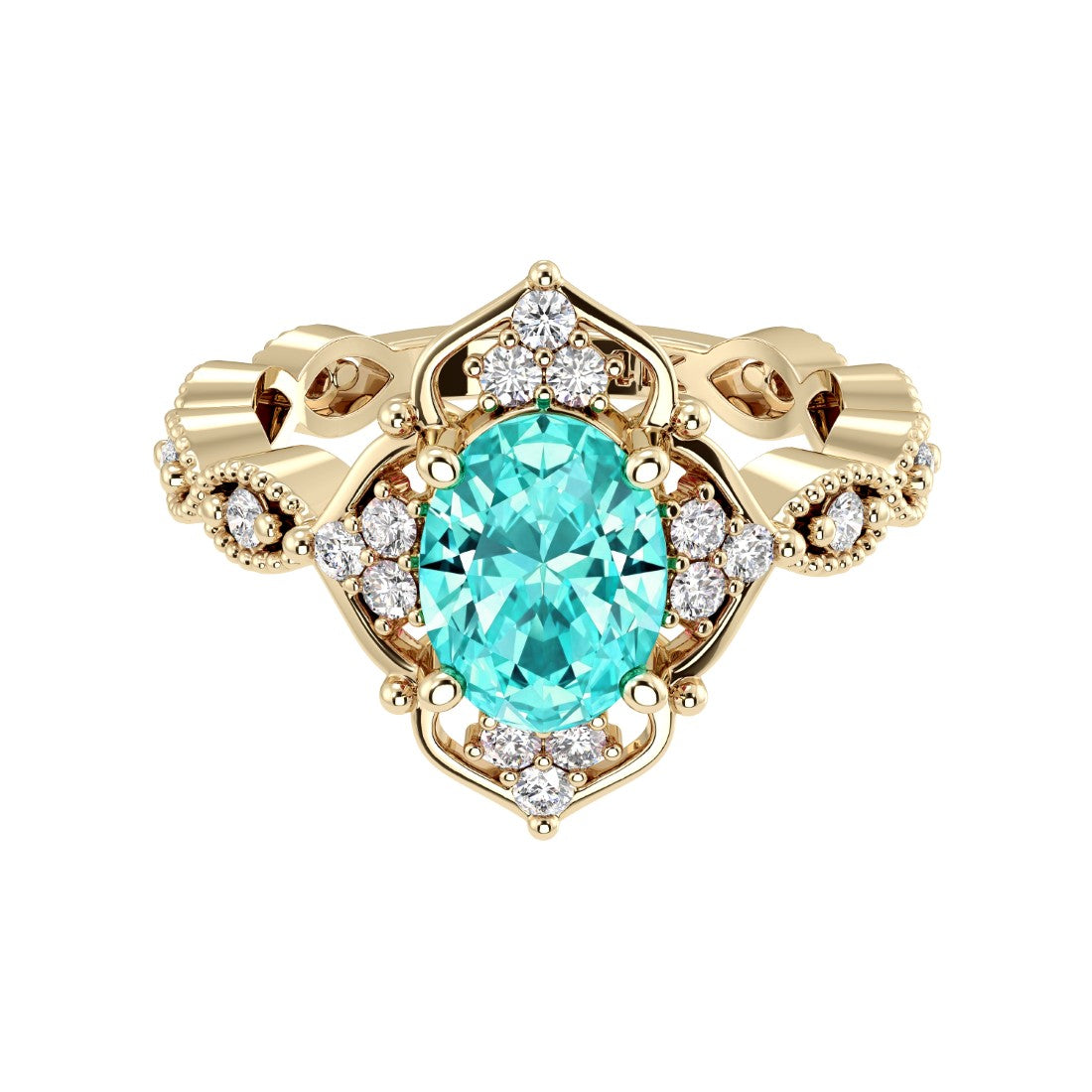 Oval cut vintage paraiba tourmaline and diamond ring in yellow gold