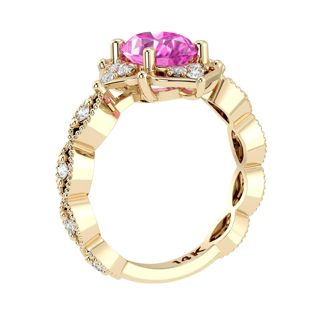 Beautiful pink sapphire modern art deco diamond engagement ring, made for vintage jewelry lovers.
