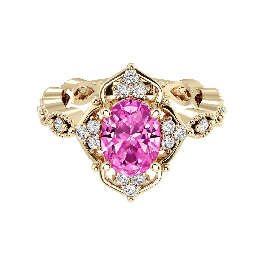Oval cut vintage pink sapphire and diamond ring in yellow gold