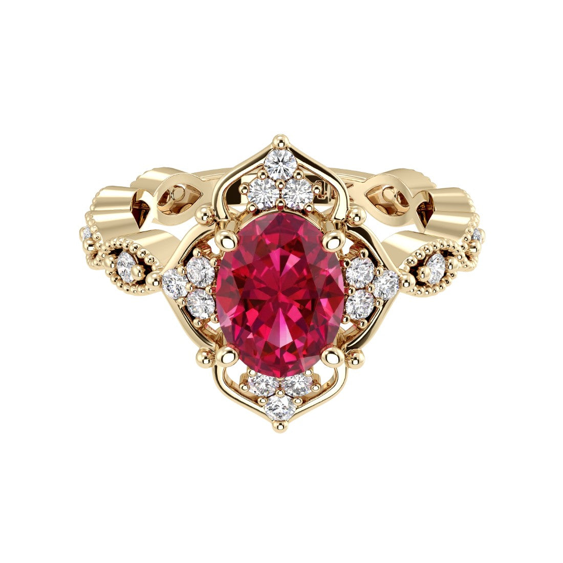 Oval cut vintage ruby and diamond ring in yellow gold