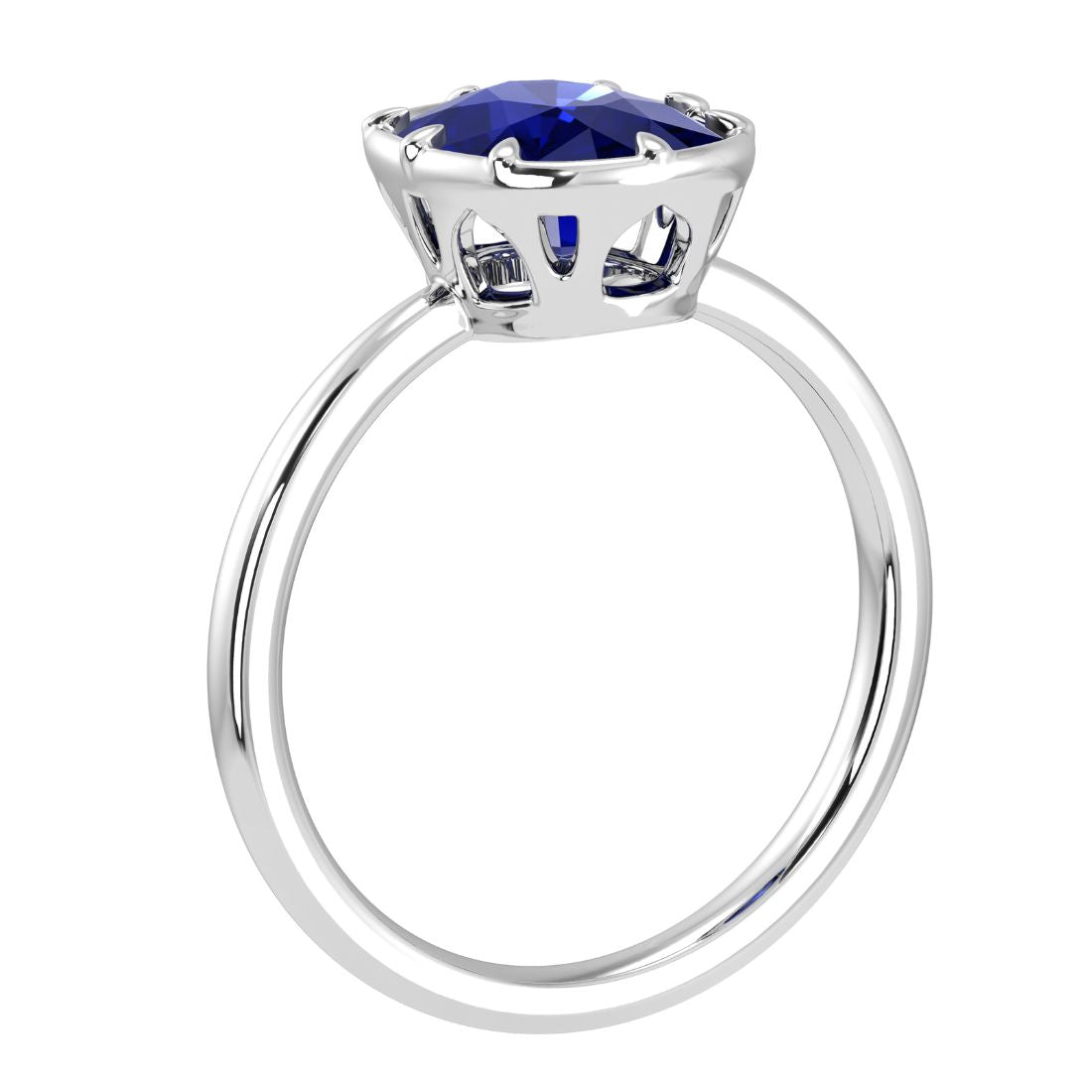 Cushion 3.50 carat lab grown blue sapphire ring with sculpted illusion bezel and romantic architectural gallery