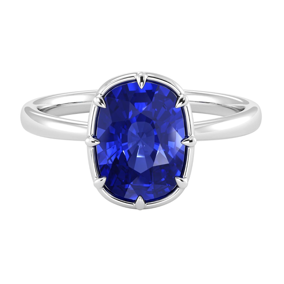 3.50 carat cushion blue sapphire illusion bezel solitaire ring with hidden prongs and architectural Taj inspired basket design