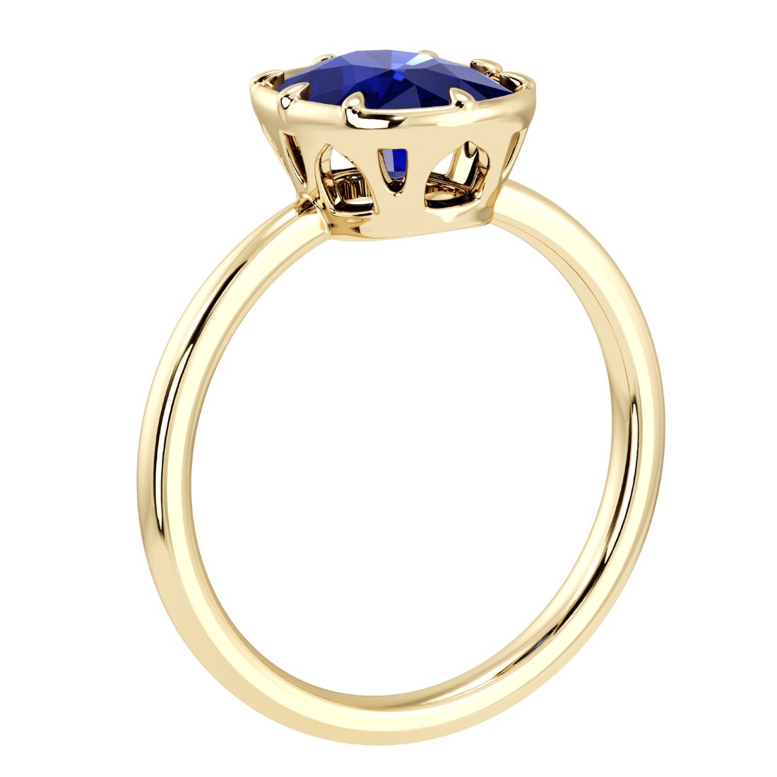 Luxury blue sapphire statement ring with illusion bezel setting and Taj Mahal inspired arches in 14K gold