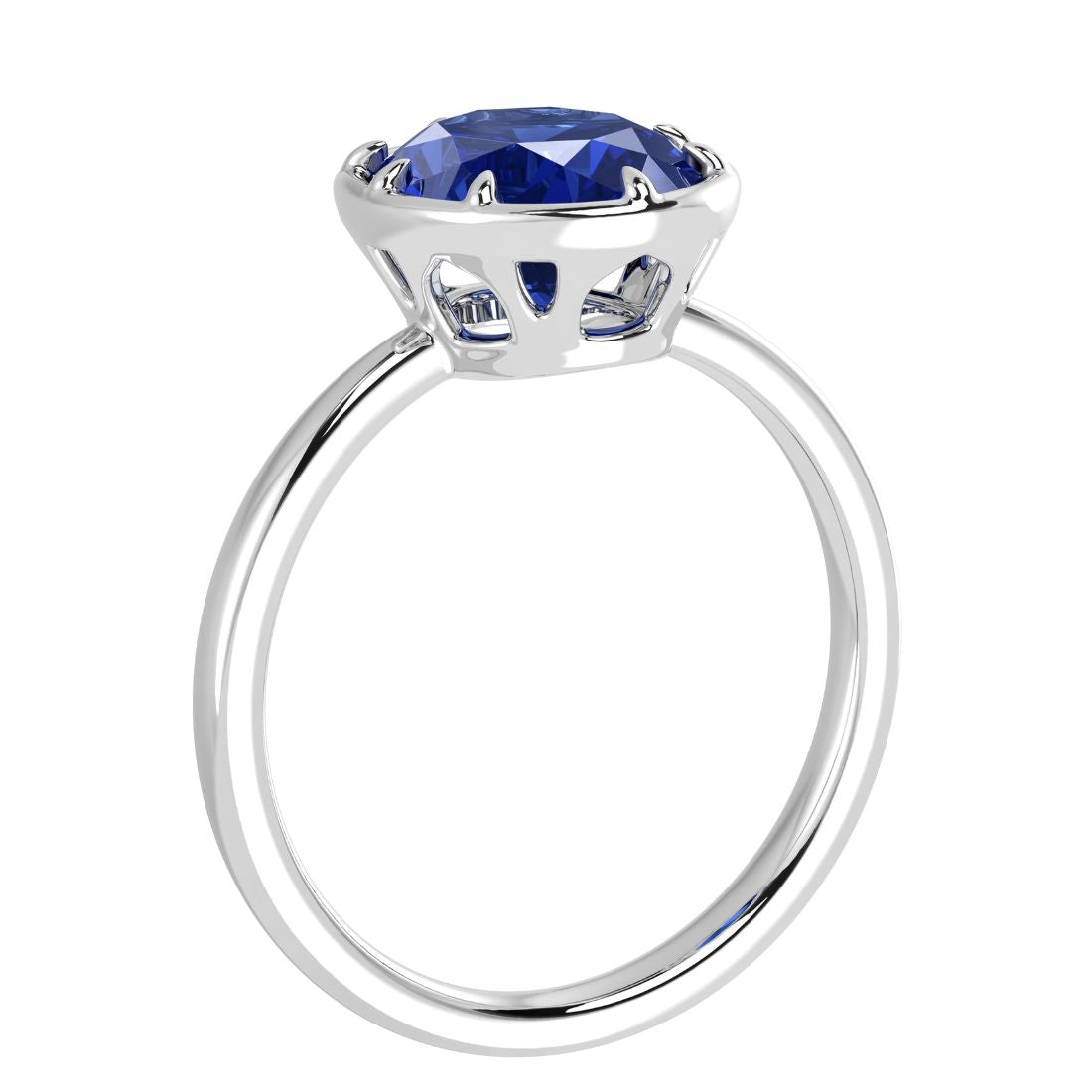 Oval Blue sapphire bezel ring in 14k white gold by Pel & Co. with signature Taj Majal inspired gallery