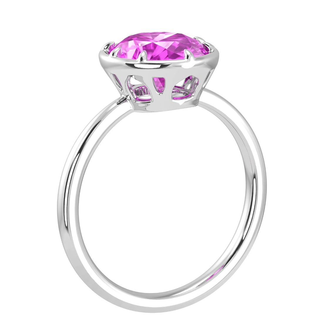 Timeless oval pink sapphire bezel set ring with tapered white gold band – Pel & Co pink sapphire engagement ring