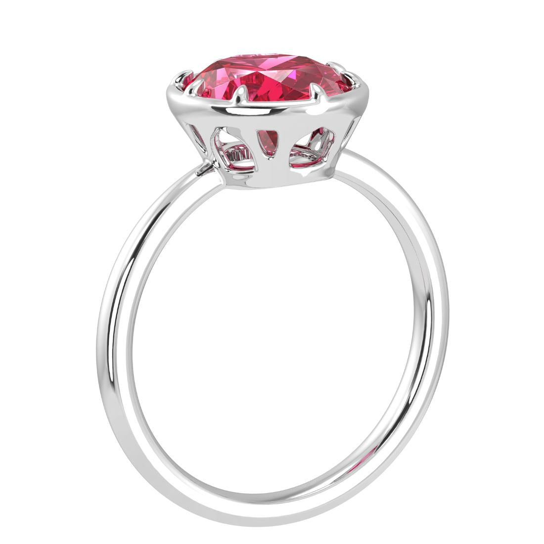Deep red oval ruby solitaire bezel ring with tapered white gold band – Pel & Co fine jewelry ruby ring