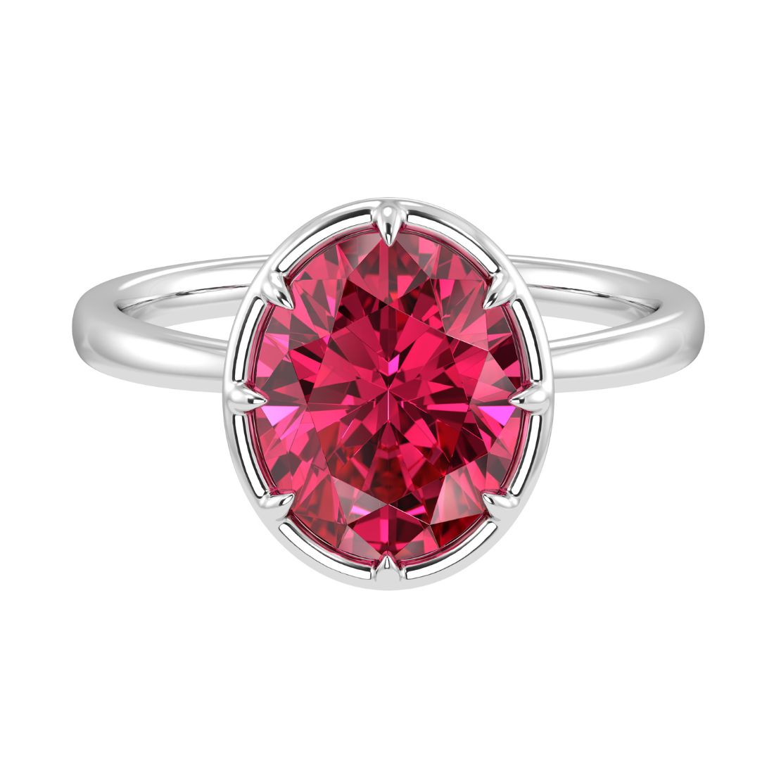 Oval ruby solitaire bezel ring in 14K white gold with tapered band by Pel & Co – luxury ruby engagement ring