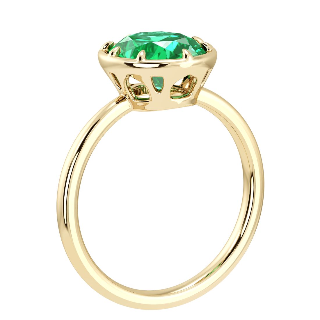 Classic oval Colombian emerald solitaire ring in yellow gold bezel setting with tapered band – luxury emerald ring by Pel & Co