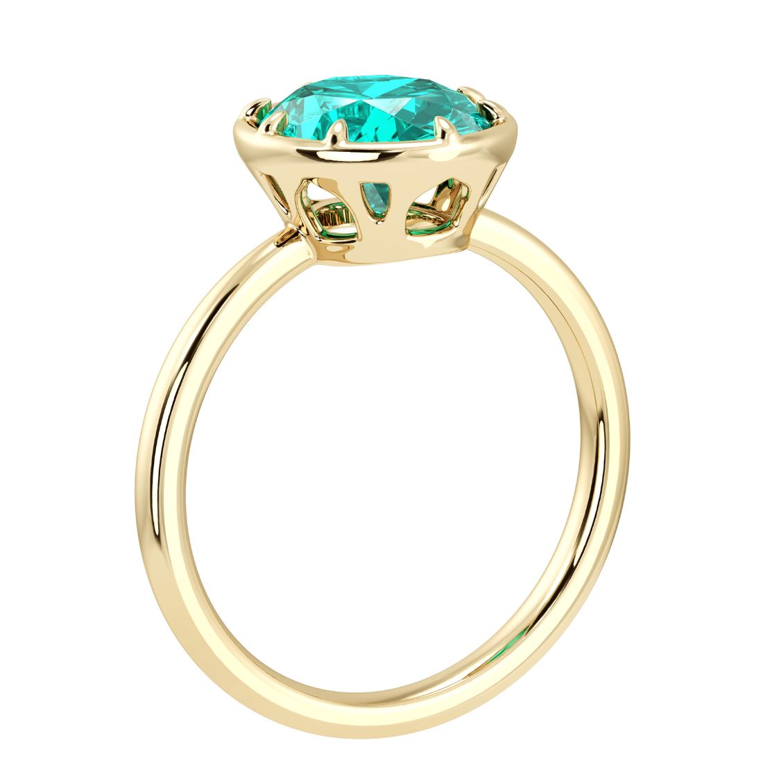 Luxury Paraiba tourmaline oval solitaire ring in polished yellow gold bezel setting with tapered band by Pel & Co