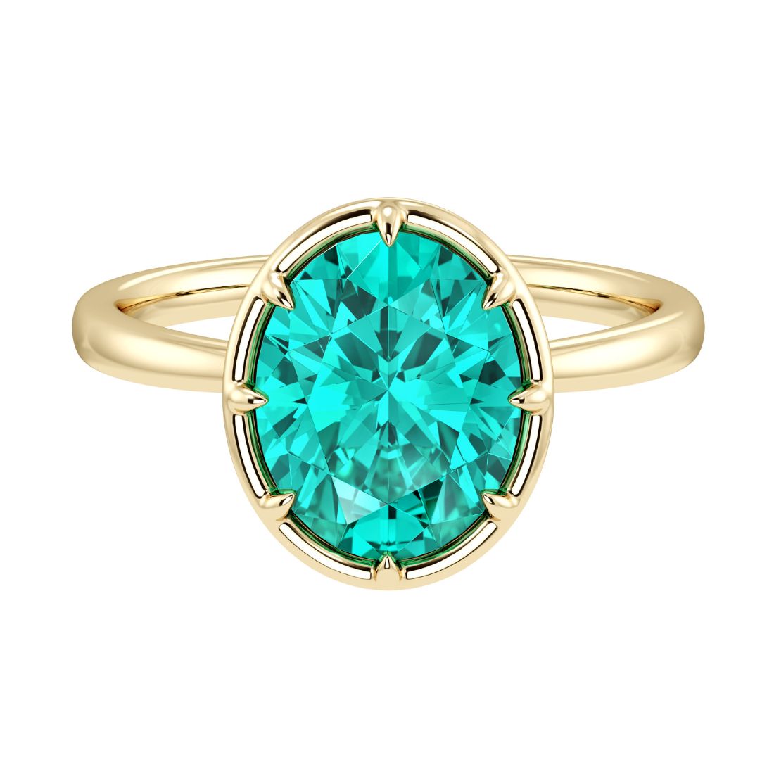 Elegant Paraiba tourmaline engagement ring with oval Paraiba center stone in bezel setting and tapered yellow gold band