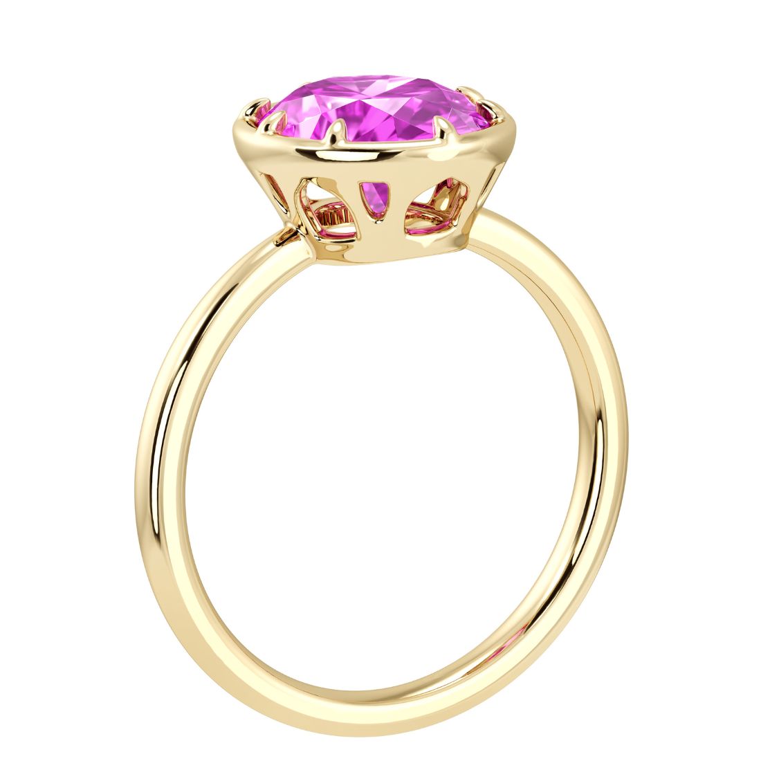 Luxury pink sapphire engagement ring featuring oval pink sapphire center stone and modern bezel setting by Pel & Co