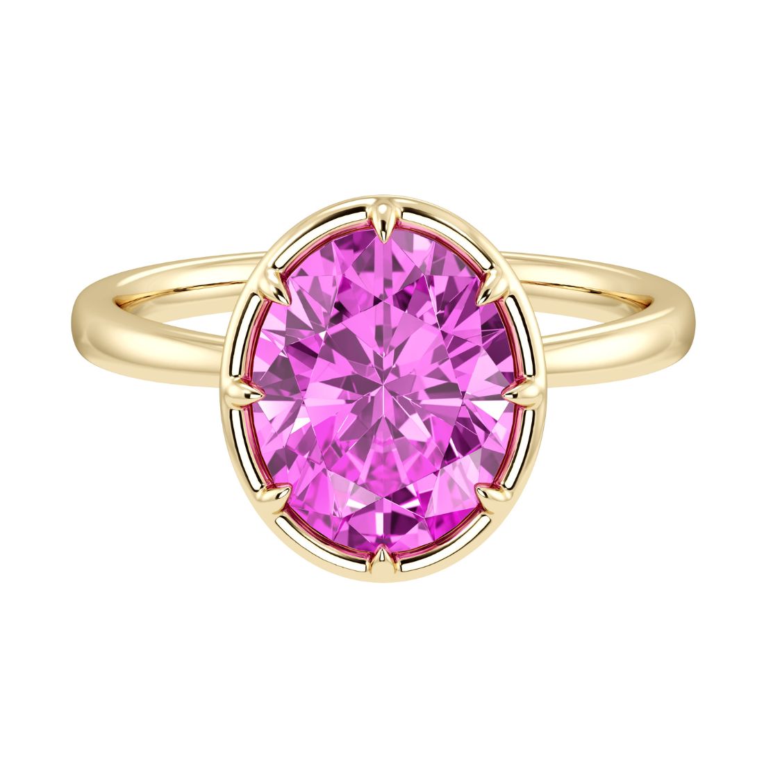 Oval pink sapphire solitaire bezel ring in 14K yellow gold with tapered band by Pel & Co – elegant pink sapphire engagement ring