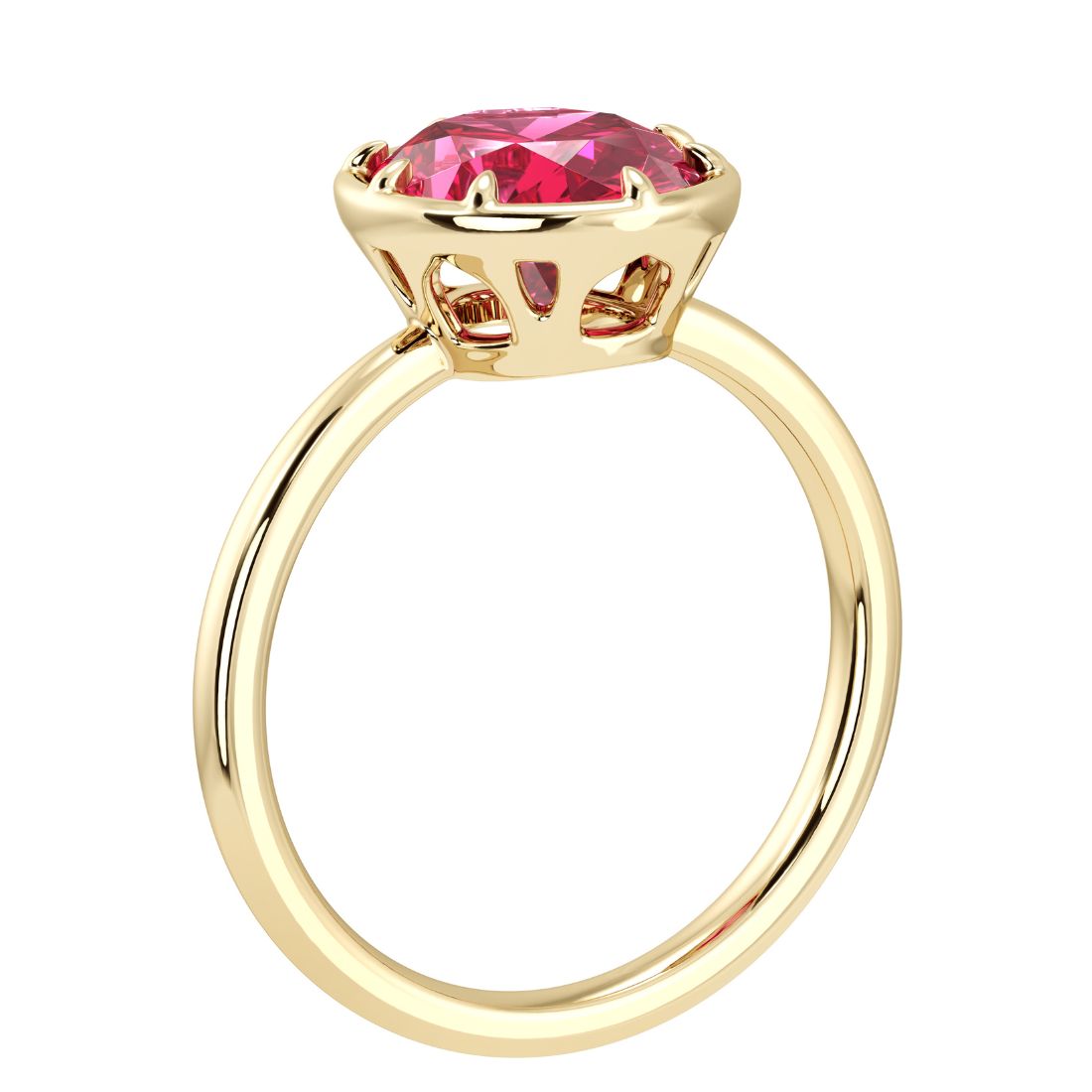 Timeless oval ruby bezel set solitaire ring with tapered gold band – Pel & Co luxury ruby ring