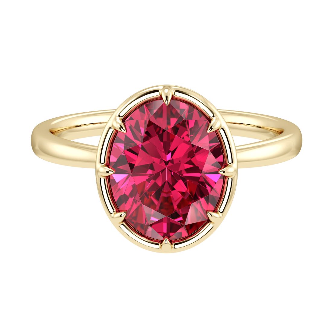Elegant ruby engagement ring featuring oval ruby center stone in bezel setting and tapered gold band