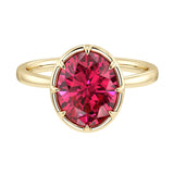 Elegant ruby engagement ring featuring oval ruby center stone in bezel setting and tapered gold band