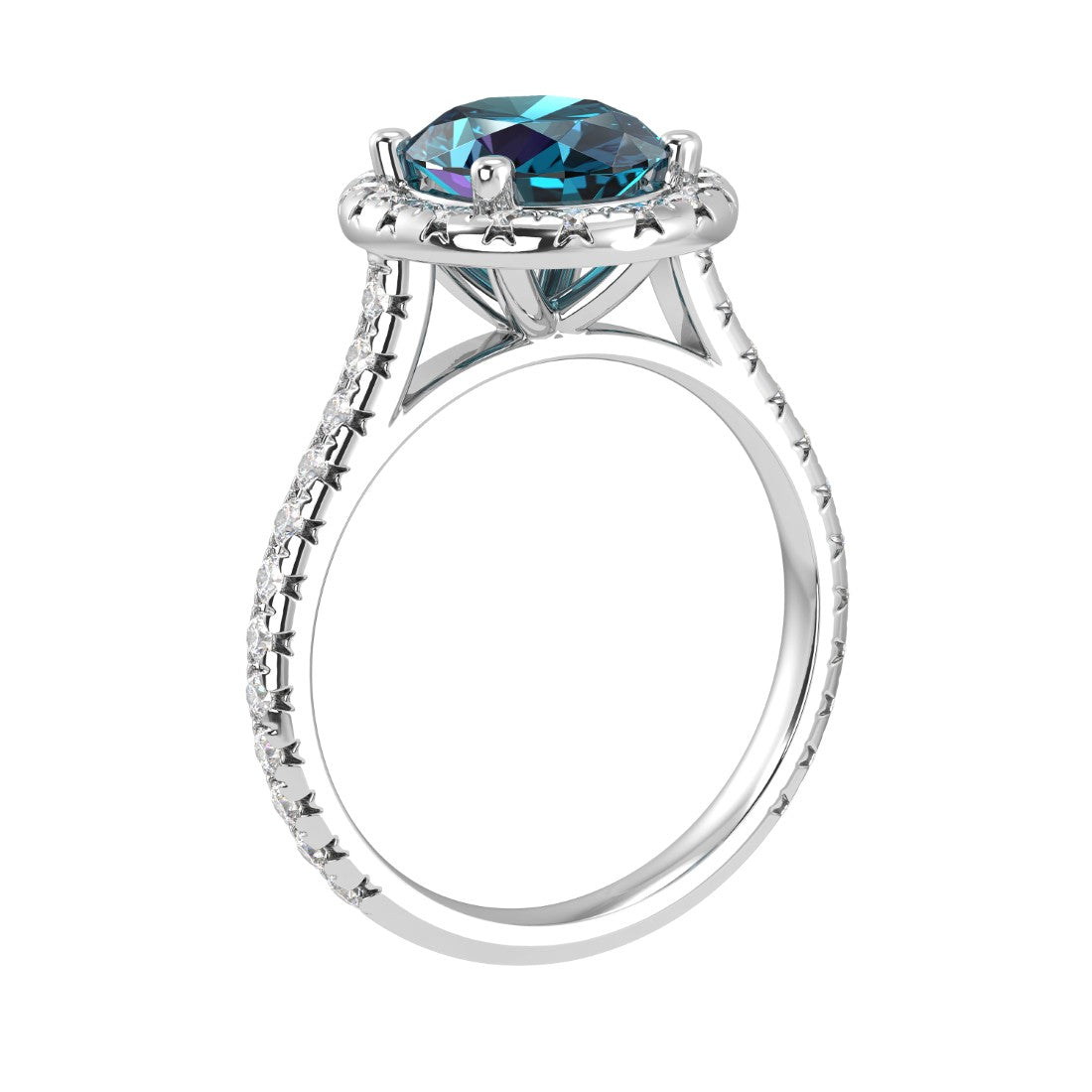 Alexandrite oval ring on hand with diamond band, unique color changing engagement ring
