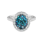 Lab created alexandrite oval ring with pavé diamonds, teal to purple color changing gemstone ring