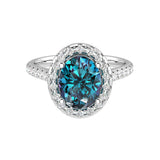 Lab created alexandrite oval ring with pavé diamonds, teal to purple color changing gemstone ring