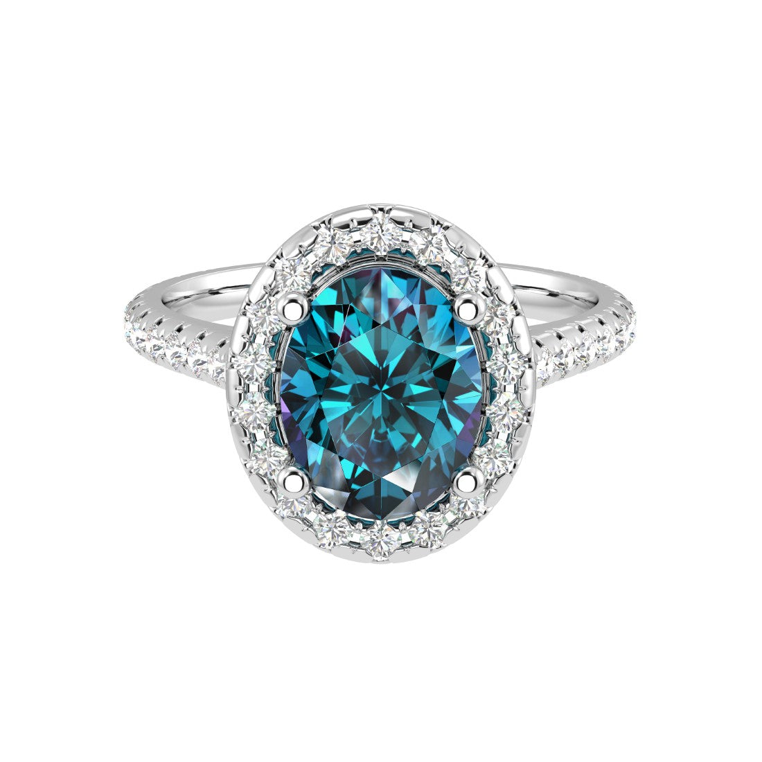 Lab created alexandrite oval ring with pavé diamonds, teal to purple color changing gemstone ring