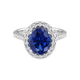 Deep royal blue sapphire oval ring with pavé diamonds, luxury lab grown sapphire engagement ring