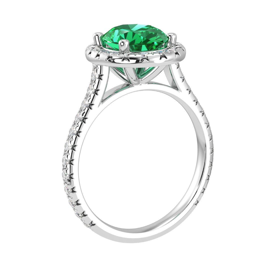 Colombian emerald oval ring on hand with diamond band, luxury lab grown emerald ring
