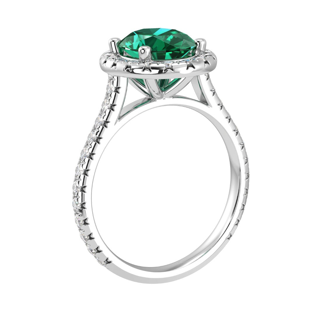 Emerald oval lab created gemstone ring on hand, modern engagement ring with pavé diamonds