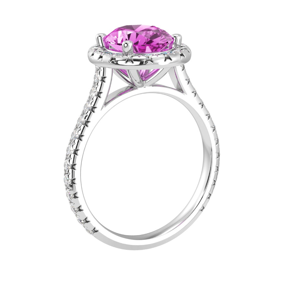 Pink sapphire oval ring on hand with pavé diamonds, modern romantic gemstone ring
