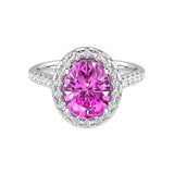 Lab created pink sapphire oval ring with pavé diamonds, luxury pink gemstone engagement ring