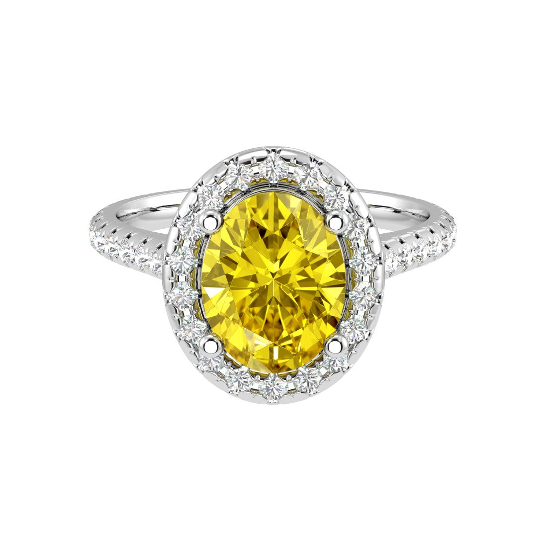 Lab created yellow sapphire oval ring with pavé diamonds, luxury yellow gemstone engagement ring