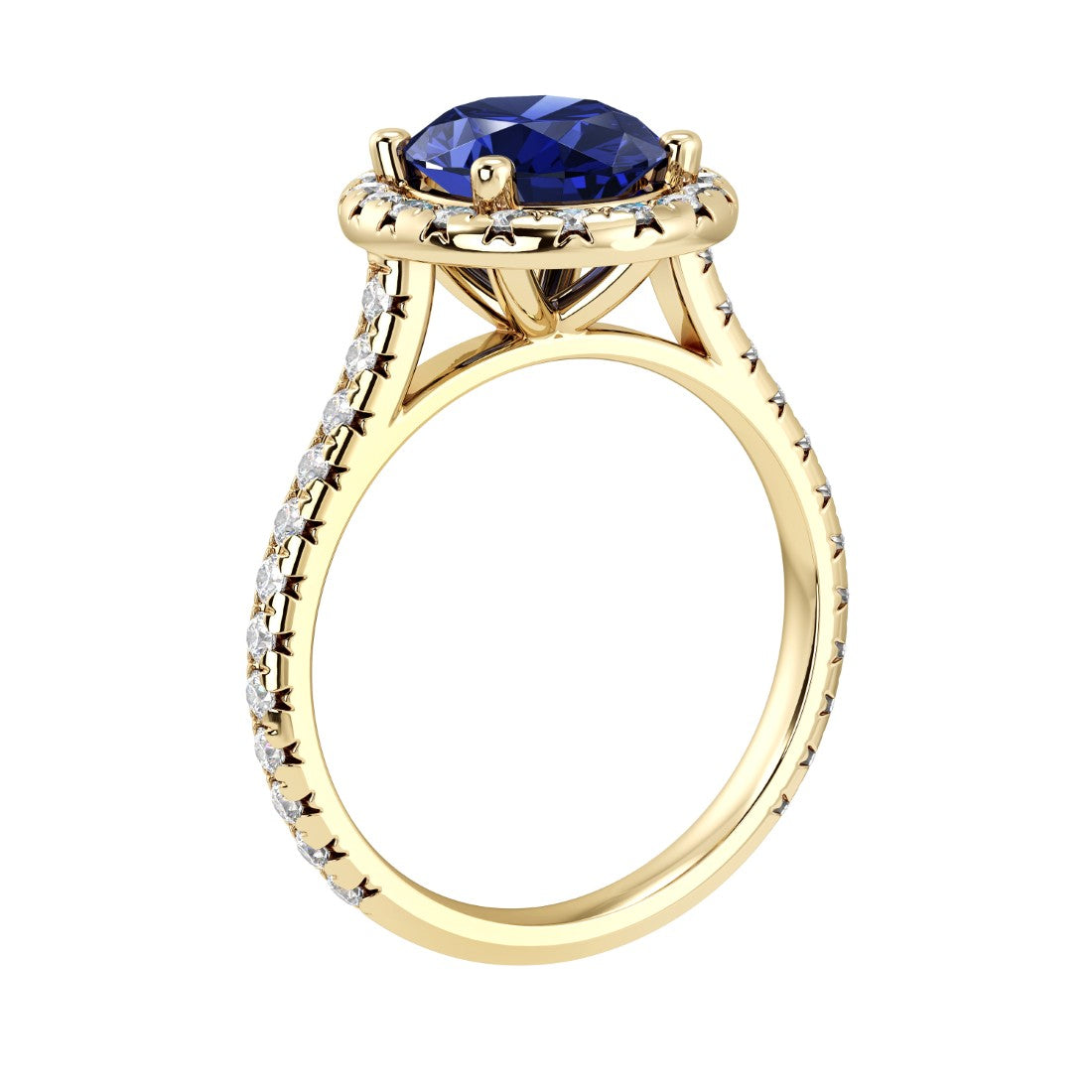 Profile of blue sapphire pavé diamond ring, elegant oval gemstone engagement ring design