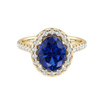 Oval blue sapphire engagement ring in 14k gold with french pavé diamond band, lab created sapphire jewelry