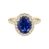 Oval blue sapphire engagement ring in 14k gold with french pavé diamond band, lab created sapphire jewelry