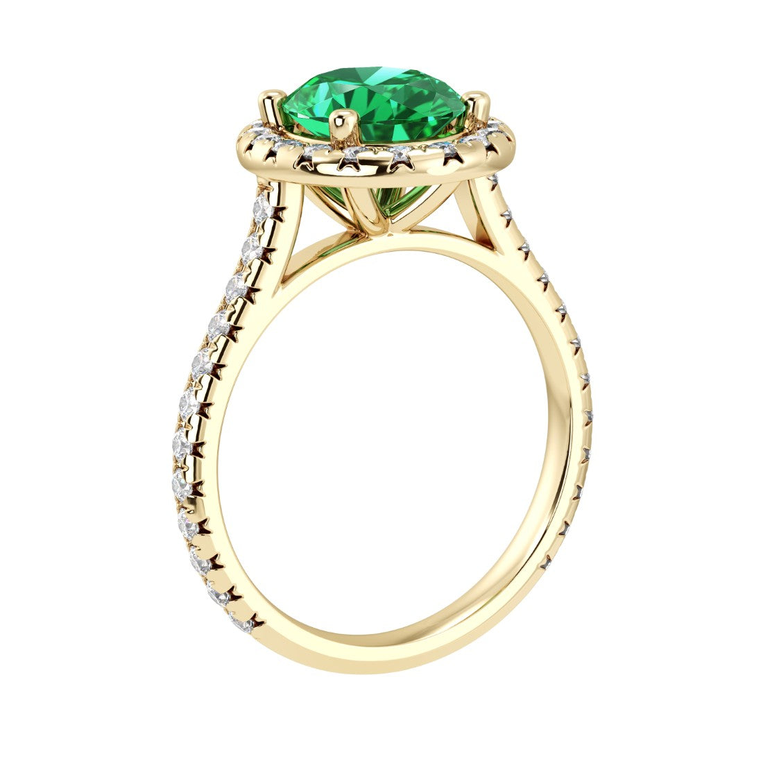 View emerald pavé diamond ring, classic oval green gemstone engagement ring design