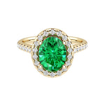 Oval colombian emerald engagement ring in 14k gold with french pavé diamond band, vivid green gemstone ring