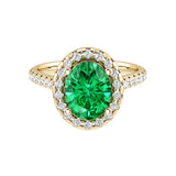 Oval colombian emerald engagement ring in 14k gold with french pavé diamond band, vivid green gemstone ring