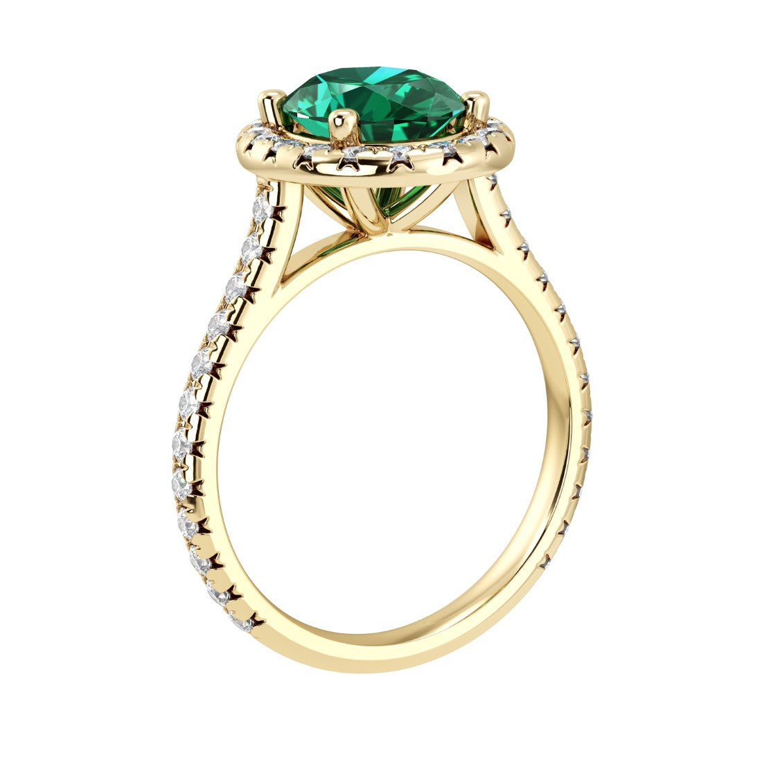 Profile view of emerald diamond pavé ring, elegant oval green gemstone ring