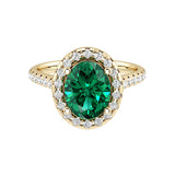 Oval emerald engagement ring in 14k gold with french pavé diamond band, lab grown green gemstone ring