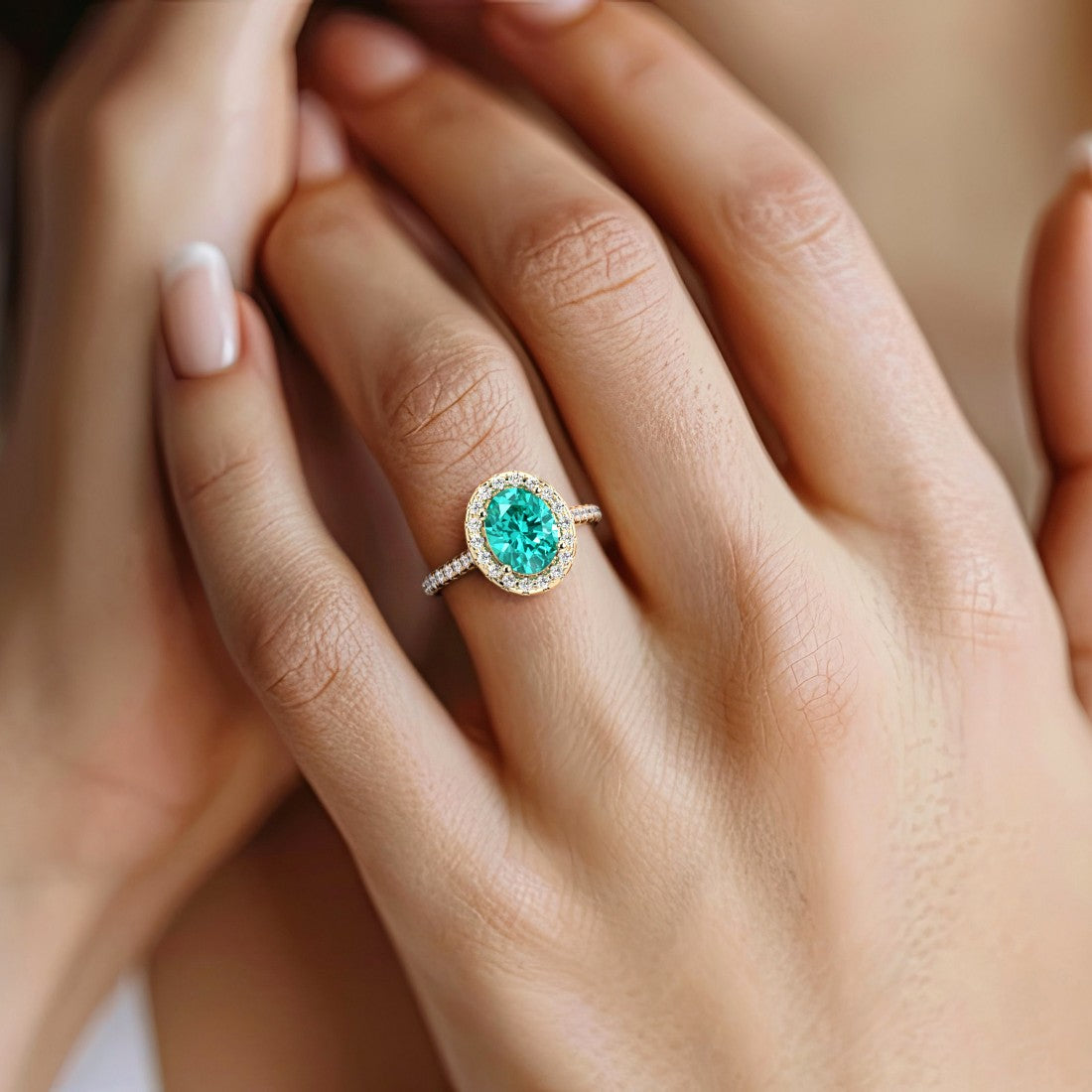 Close up paraiba tourmaline ring with french pavé setting, glowing blue green gemstone ring