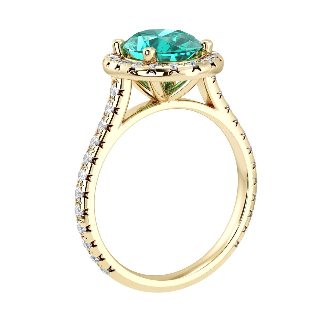 View of paraiba pavé diamond ring, modern oval neon gemstone ring design