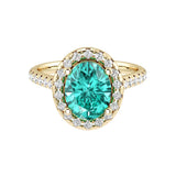 Oval paraiba tourmaline ring in 14k gold with french pavé diamond band, neon blue green gemstone ring