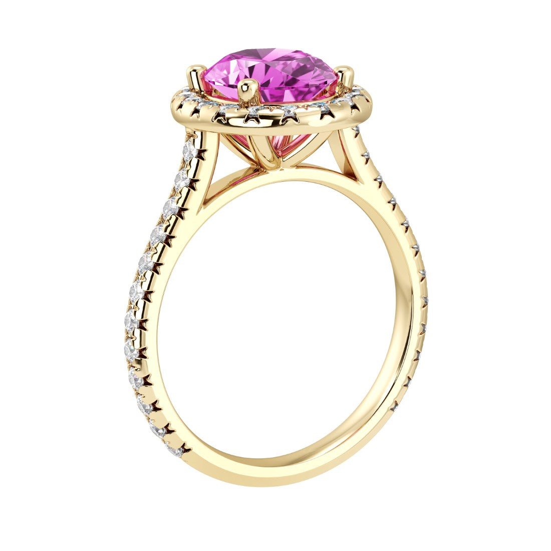 Profile view pink sapphire pavé ring, elegant feminine engagement ring design
