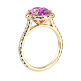 Profile view pink sapphire pavé ring, elegant feminine engagement ring design