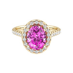 Oval pink sapphire engagement ring in 14k gold with french pavé diamond band, romantic gemstone ring