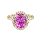 Oval pink sapphire engagement ring in 14k gold with french pavé diamond band, romantic gemstone ring