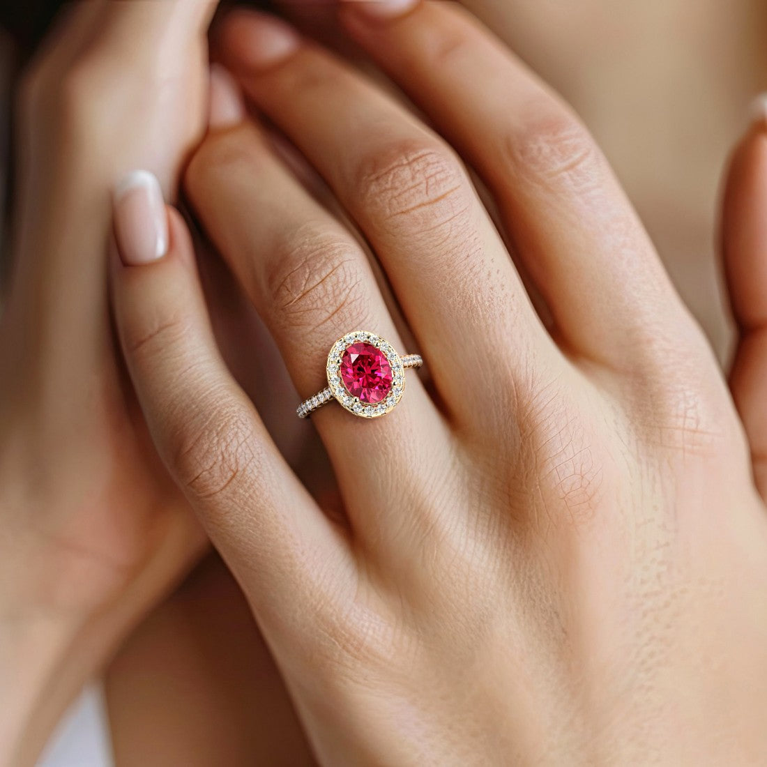 Close up ruby ring with diamond pavé band, fine jewelry oval red gemstone ring