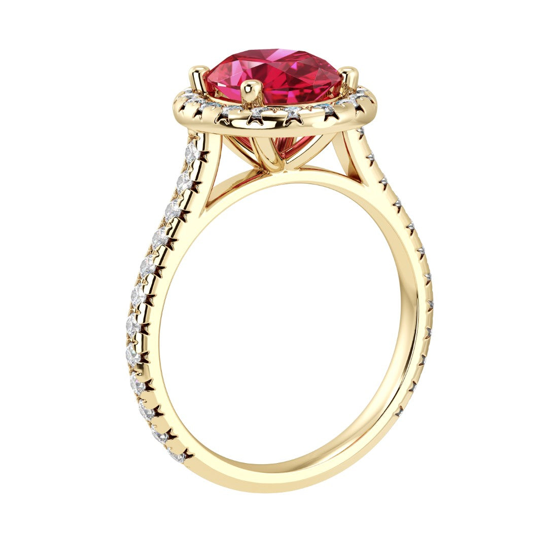 Profile view ruby pavé diamond ring, classic oval ruby engagement ring