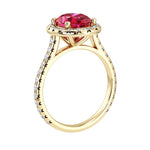 Profile view ruby pavé diamond ring, classic oval ruby engagement ring