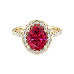 Oval ruby engagement ring in 14k gold with french pavé diamond band, red gemstone ring