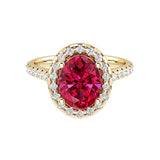 Oval ruby engagement ring in 14k gold with french pavé diamond band, red gemstone ring
