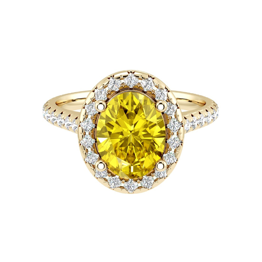 Oval yellow sapphire engagement ring in 14k gold with french pavé diamond band, golden gemstone ring
